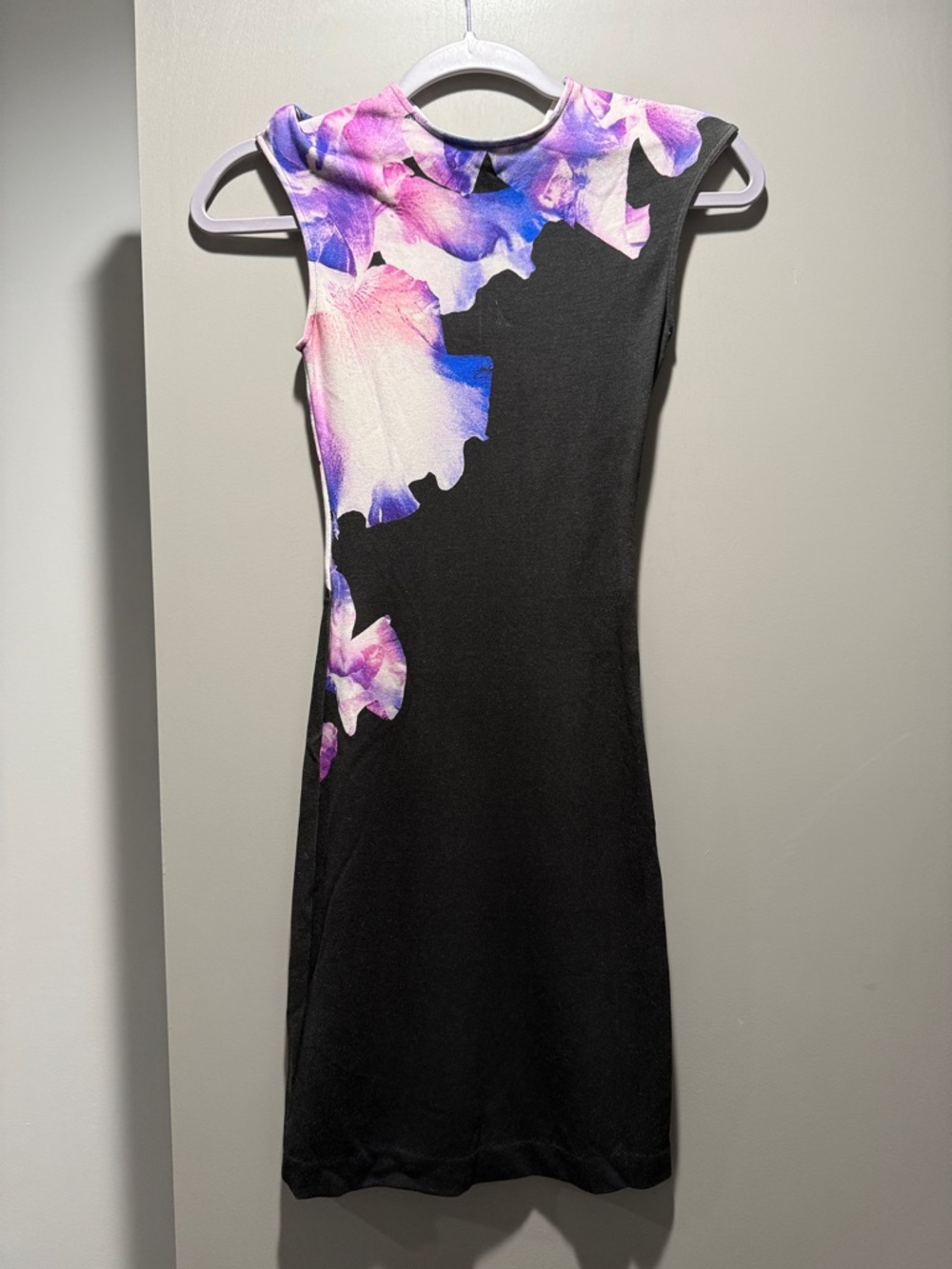 Alexander McQueen Black Mini Dress with Purple-Pink Floral Print